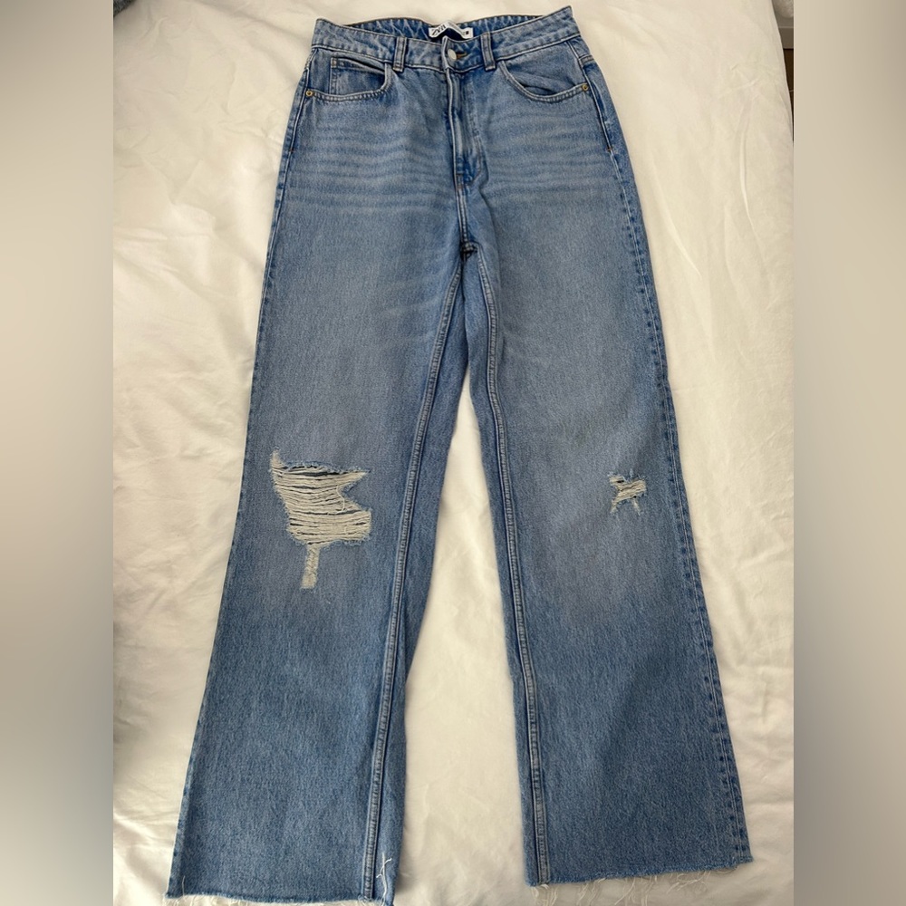 Zara Distressed Wide-Leg Denim